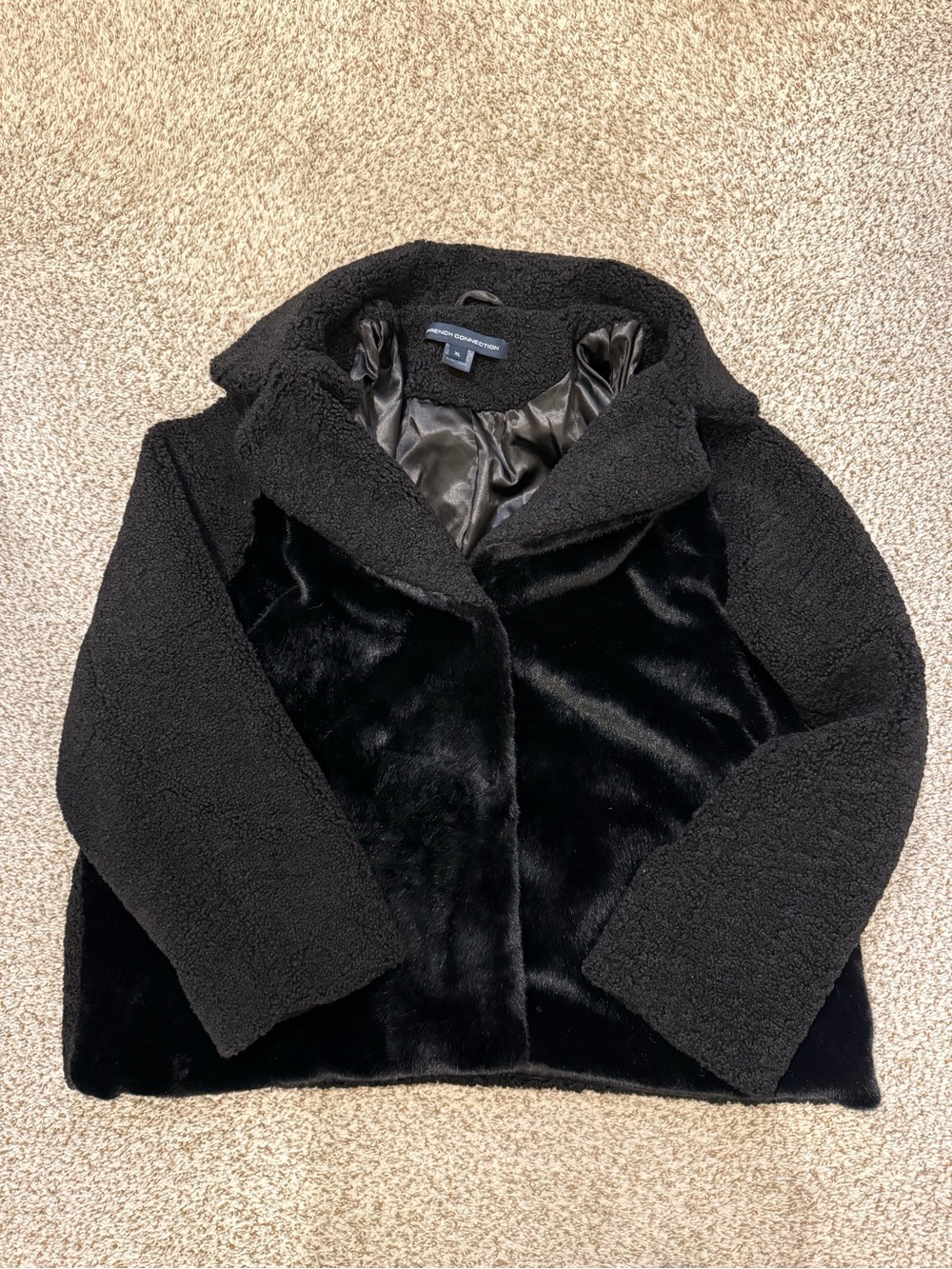 French connection faux fur mixed texture black peacoat jacket sz XL extra large